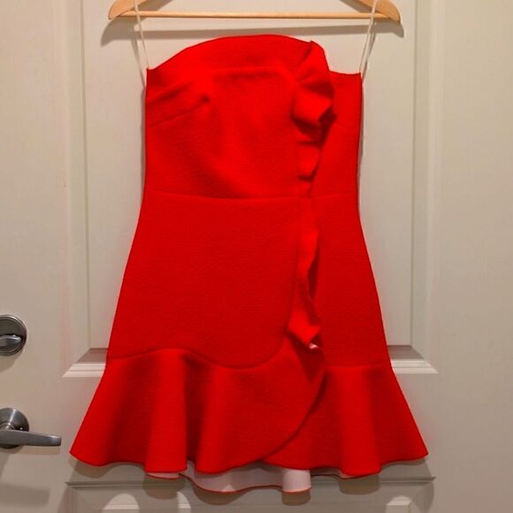 EUC Sandro Paris Size 1 Neon Orange Neoprene Mini Ruffle Dress - Picture 1 of 8